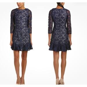Monique Lhuillier navy tea flounce Lace Cocktail Dress Peplum Hem Size 12